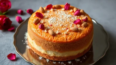torta de espelta y almendra con rosas